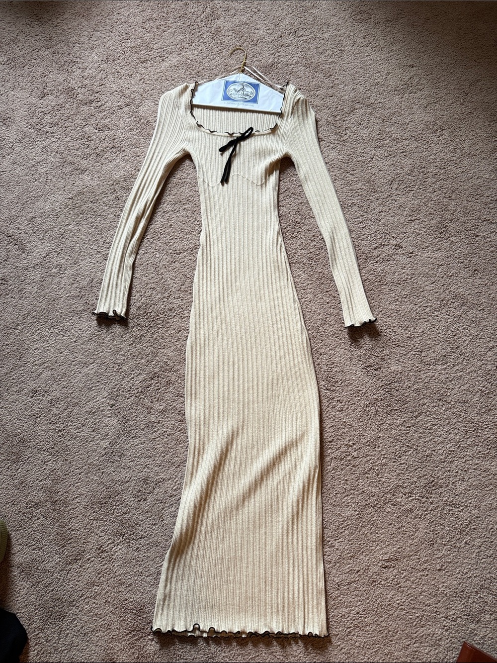 Pink Rose Cream Ribbed Maxi Dress with Black Tie